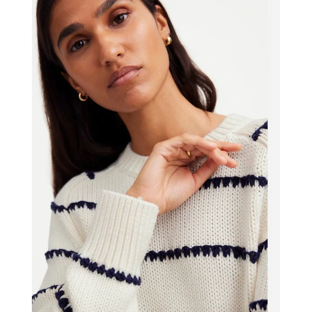 Madewell Textured Cotton Crewneck Sweater Stripe Ivory Navy XS Coastal FA24 - Picture 3 of 10